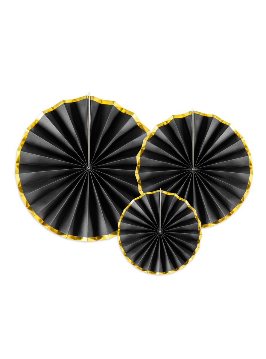 3 leques de papel decorativos preto com borda dourada