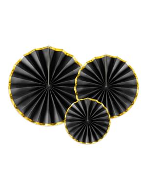 3 abanicos de papel decorativos negro con borde dorado