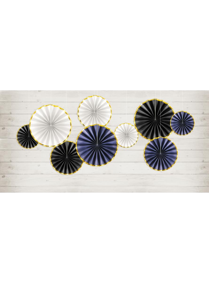 3 leques de papel decorativos preto com borda dourada