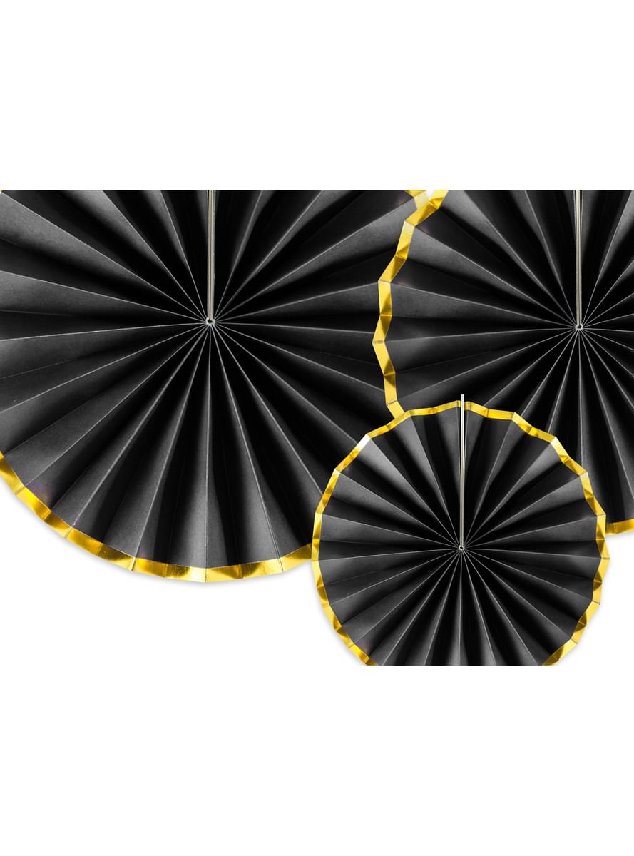 3 abanicos de papel decorativos negro con borde dorado