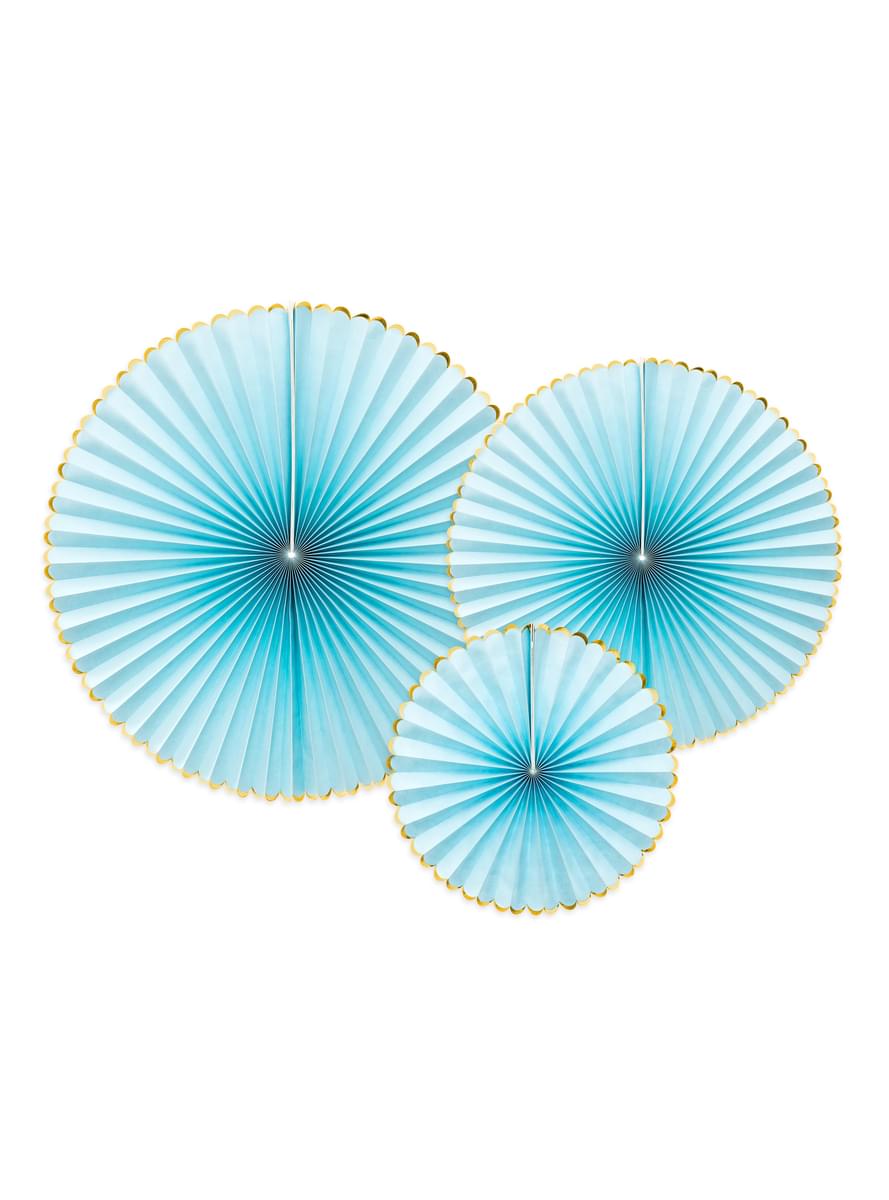3 leques de papel decorativos azul céu com borda dourada - Yummy
