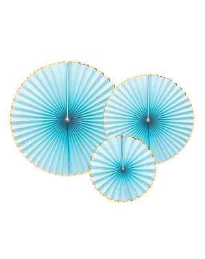 Set of 3 decorative paper fans in sky blue with gold border - Yummy
