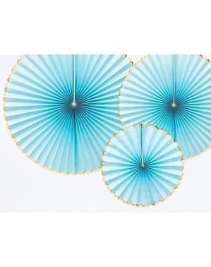 3 abanicos de papel decorativos azul cielo con borde dorado – Yummy