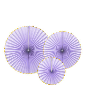 金の縁 - おいしい3つの紫色の装飾的な紙ファンのセット
