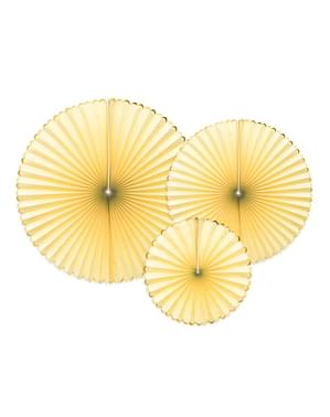 3 żółte papierowe wachlarze dekoracyjne ze złotym obramowaniem - Yummy