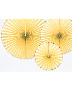 3 decorative paper fans in  yellow with gold border - Yummy