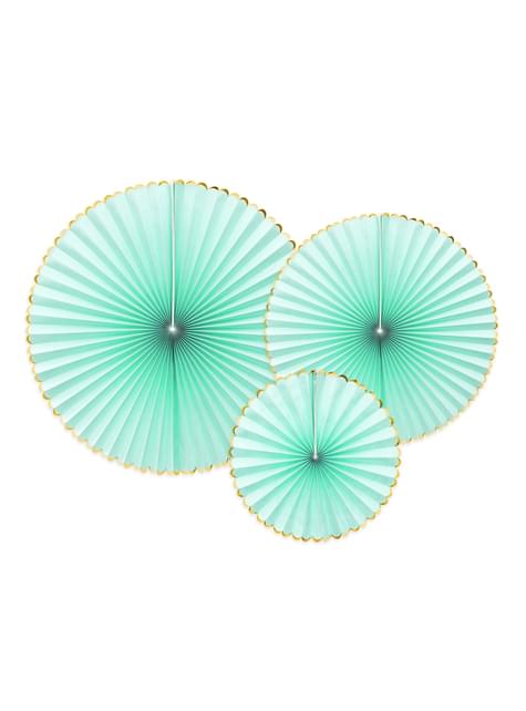 3 festoni a forma di ventaglio decorativo di carta verde menta con bordo dorato - Yummy