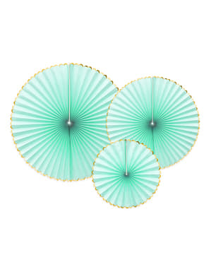 3 decorative paper fans in mint green with gold border - Yummy