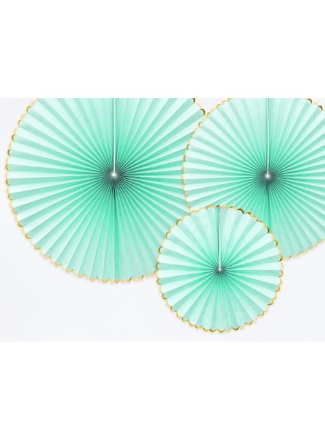 3 festoni a forma di ventaglio decorativo di carta verde menta con bordo dorato - Yummy