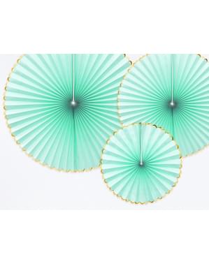 3 rosaces en papier vert menthe avec bord doré - Yummy