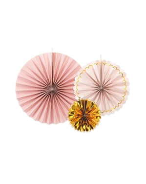 Set dari 3 Penggemar Kertas Dekoratif Pink & Emas
