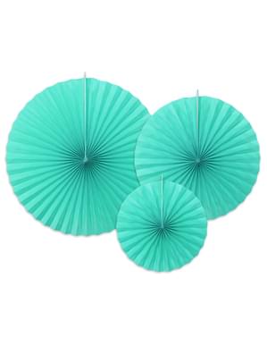 3 abanicos de papel decorativos azul turquesa