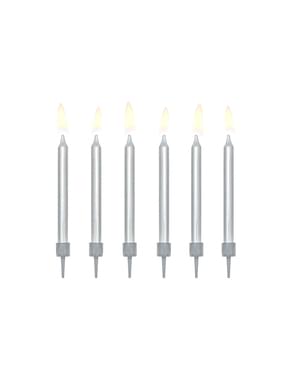 Set of 6 Silver Birthday Candles, 6cm