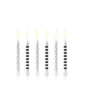 6 geassorteerde zwart witte verjaardagskaarsen (6,5 cm)