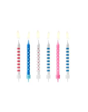 6 sekalaista pinkkiä & sinistä syntymäpäiväkynttilää