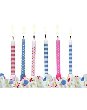 6 velas rosa e azuis com padrões variados (6,5 cm)