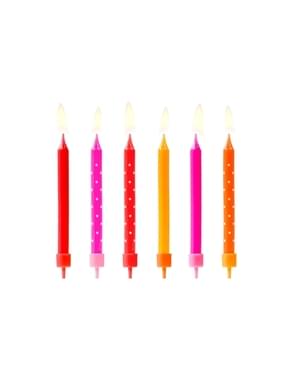 6 Pembe, Kırmızı ve Turuncu Polka Dot Doğum Günü Mumları Set