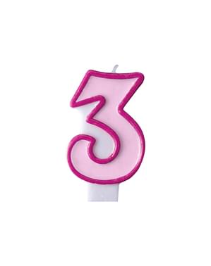 Roze nummer 3 verjaardagskaars
