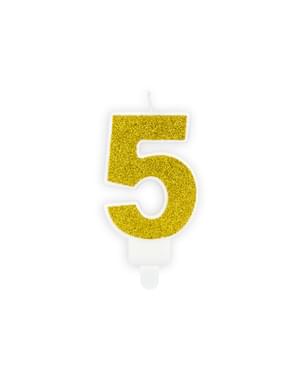 Number 5 birthday candle in gold