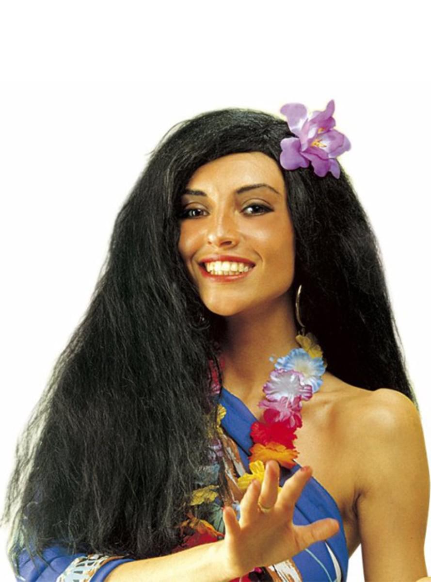 Black Hawaiian wig with orchid