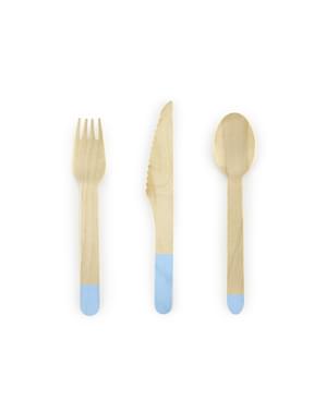 Set Peralatan Makan Kayu 18-Piece dengan Warna Biru Pastel - Biru Debu