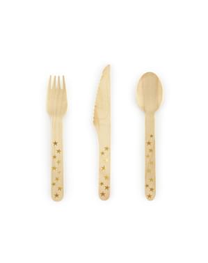 18-Piece Wooden Cutlery Set with Gold Stars - New Year's Eve Collection