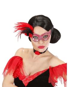 Maschera rosa con fiori e piume