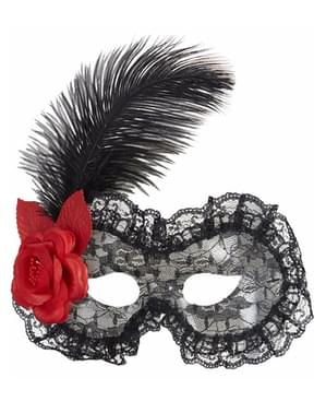 Masque dentelle avec fleurs et plumes