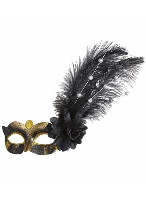 Zwart- en goudkleurig oogmasker met veren en bloem