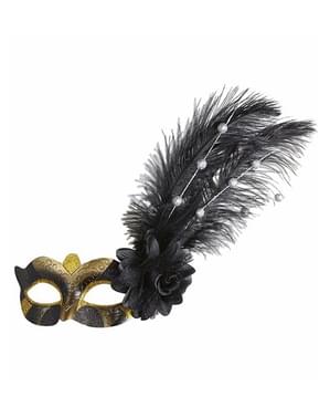 Antifaz dourado e preto com flor e penas