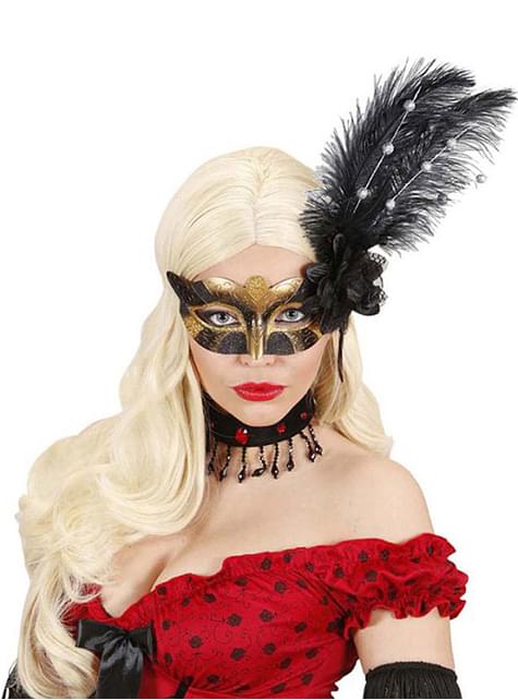 Zwart- en goudkleurig oogmasker met veren en bloem