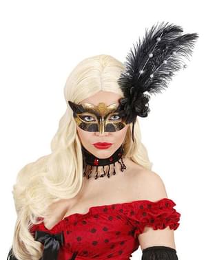 Antifaz dorado y negro con flor y plumas