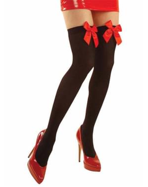 Black hold up tights with red satin bows