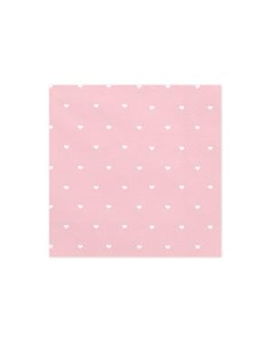 सफेद दिल के साथ 20 गुलाबी पेपर नैपकिन का सेट - थोड़ा दिल