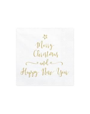 Altın "Merry Christmas ve Yeni Yılınız Kutlu Olsun" Baskı ile 20 Beyaz Kağıt Peçeteler Set - Merry Xmas Collection