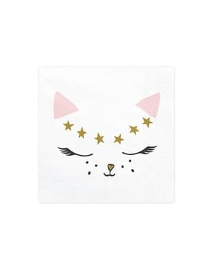 20 White Paper Napkins with Cat (33x33 cm) - Meow Party