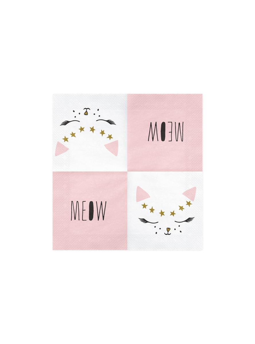 20 tovaglioli bianchi con stampa di gatto di cart (33x33 cm) - Meow Party