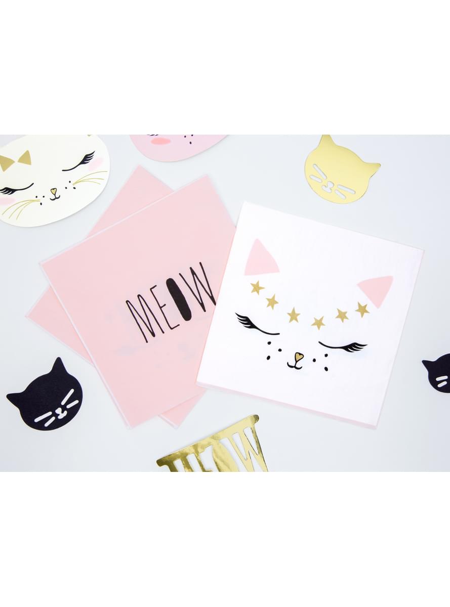 20 guardanapos brancos com papel gato prin (33x33 cm) - Meow Party