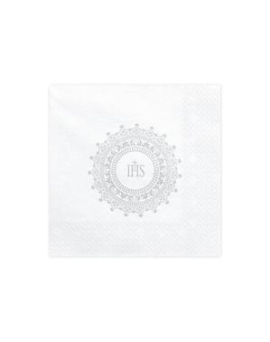 Set 20 Serbet Kertas Putih dengan Cetak "IHS" Perak - Komuni Pertama