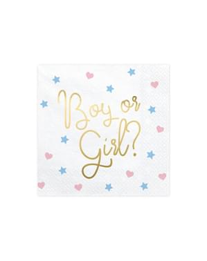 20 бели хартиени салфетки „Boy Or Girl?“ (33x33 cm) – Gender Reveal Party