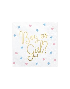 Set od 20 "Boy or Girl?" Papirni prtički, belo - razkrita z enakostjo spolov