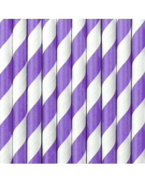 Sett af 10 Purple Pappírsrör með hvítum Stripes - Space Party