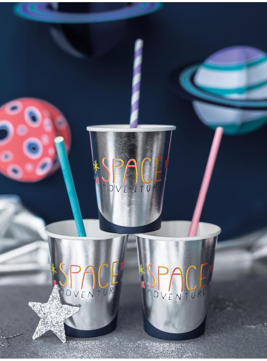 10 pajitas lilas con rayas blancas de papel - Space Party