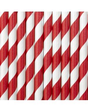 10 Red Paper Straws with White Stripes - Pirates Party
