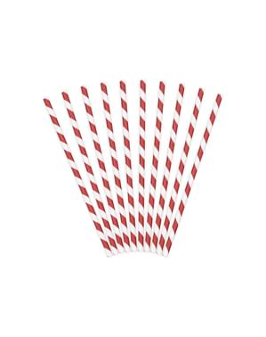 10 Red Paper Straws with White Stripes - Pirates Party