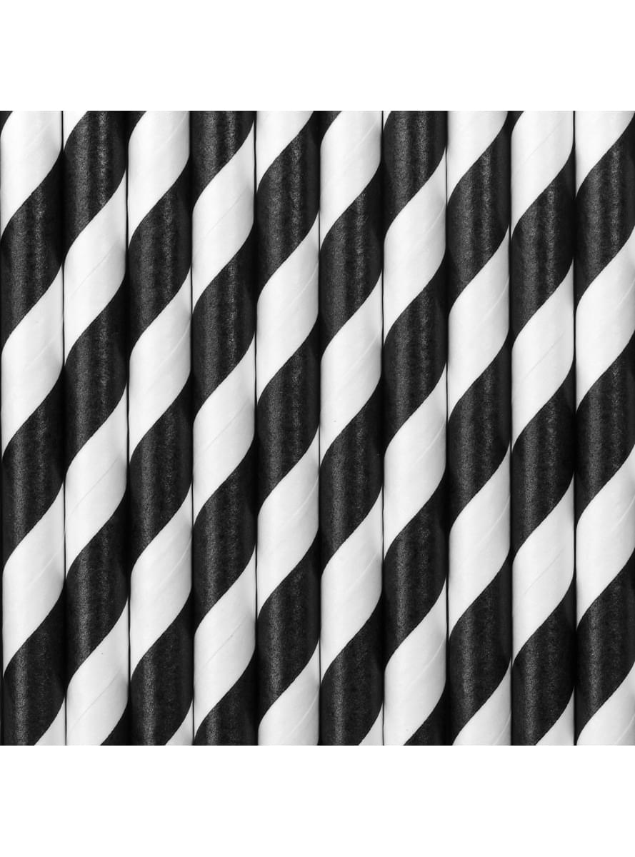 10 Black Paper Straws with White Stripes - Pirate Party