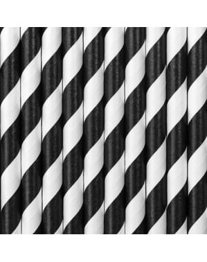 10 Black Paper Straws with White Stripes - Pirate Party