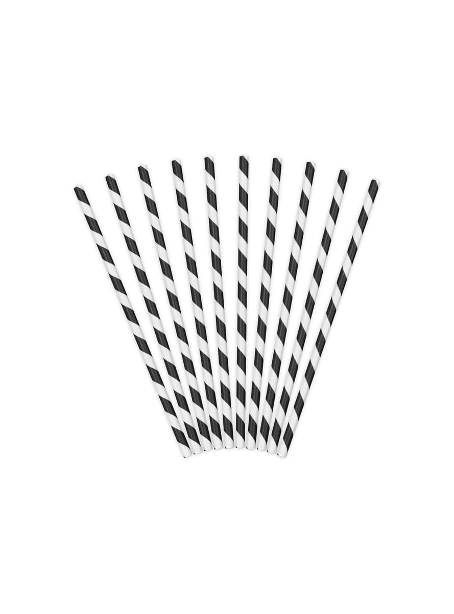 10 Black Paper Straws with White Stripes - Pirate Party