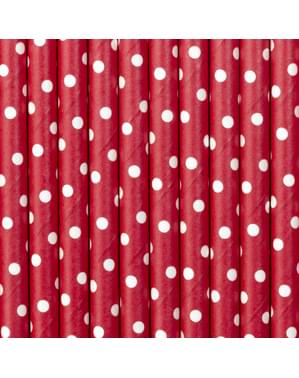 10 pajitas rojas con lunares blancos de papel