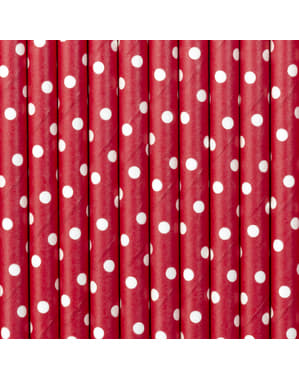 10 rode papieren rietjes met witte polka dots
